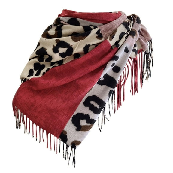 SUXIAN Women's Winter Scarf Leopard Print Imitation Wool with Fringe Red_#2 One Size
