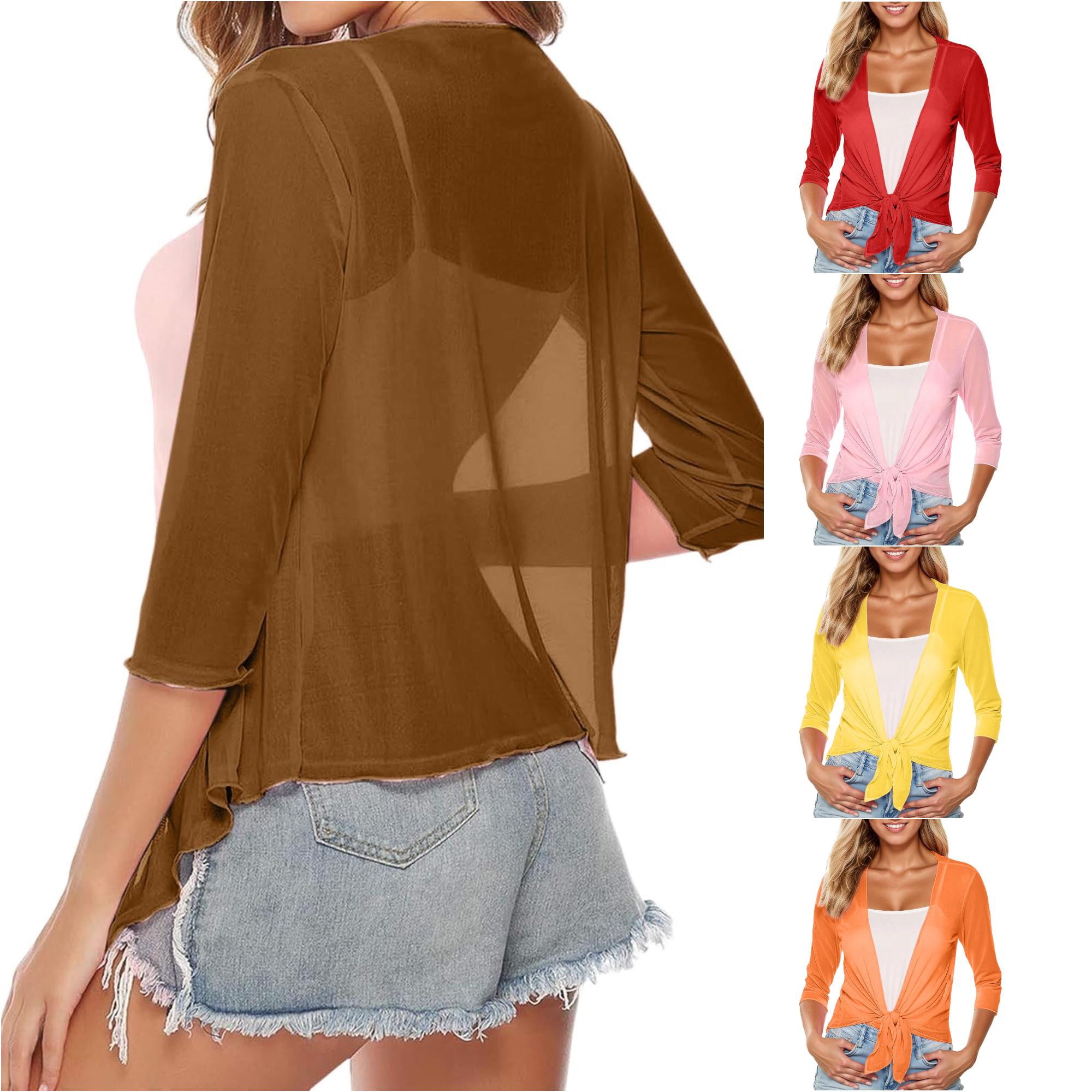 SUXIAN Womens Cardigan Solid Color Chiffon Shawl Paired Short Sleeved ...