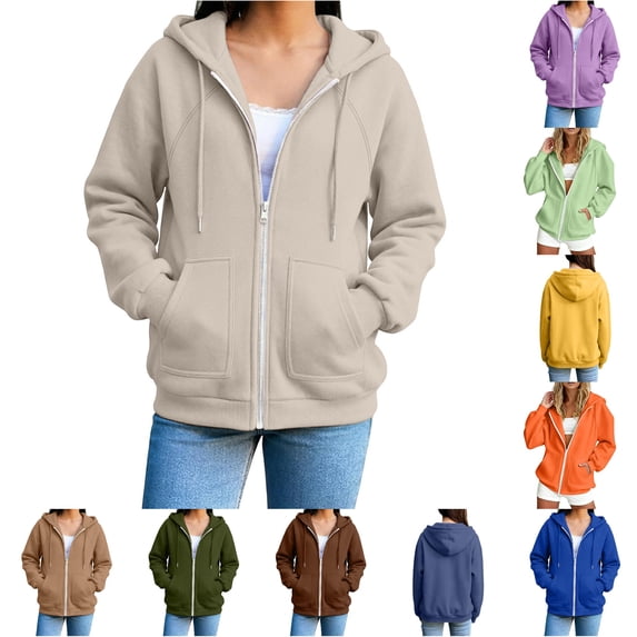 SUXIAN Zip up Hoodie Solid Color Long Sleeve Soft Lined Pockets Relaxed Breathable Jacket Womens Zip up Hoodies S