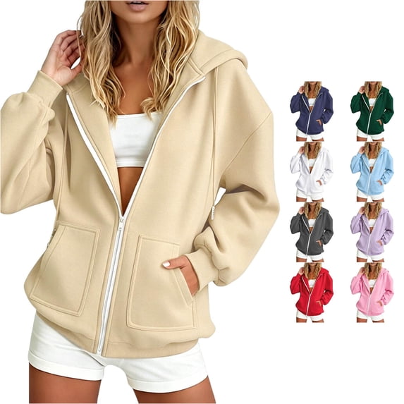 SUXIAN Zip Up Hoodie Women Winter Warmth Loose Long Sleeve Solid Casual Womens Hoodies L