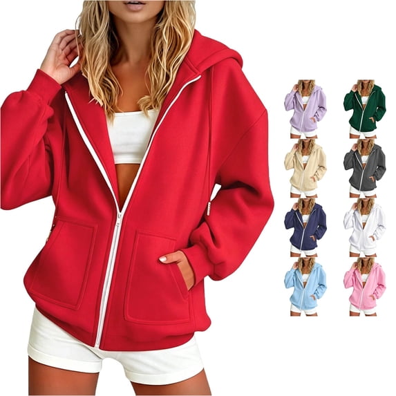 SUXIAN Zip Up Hoodie Women Winter Warmth Loose Long Sleeve Solid Casual Womens Hoodies M