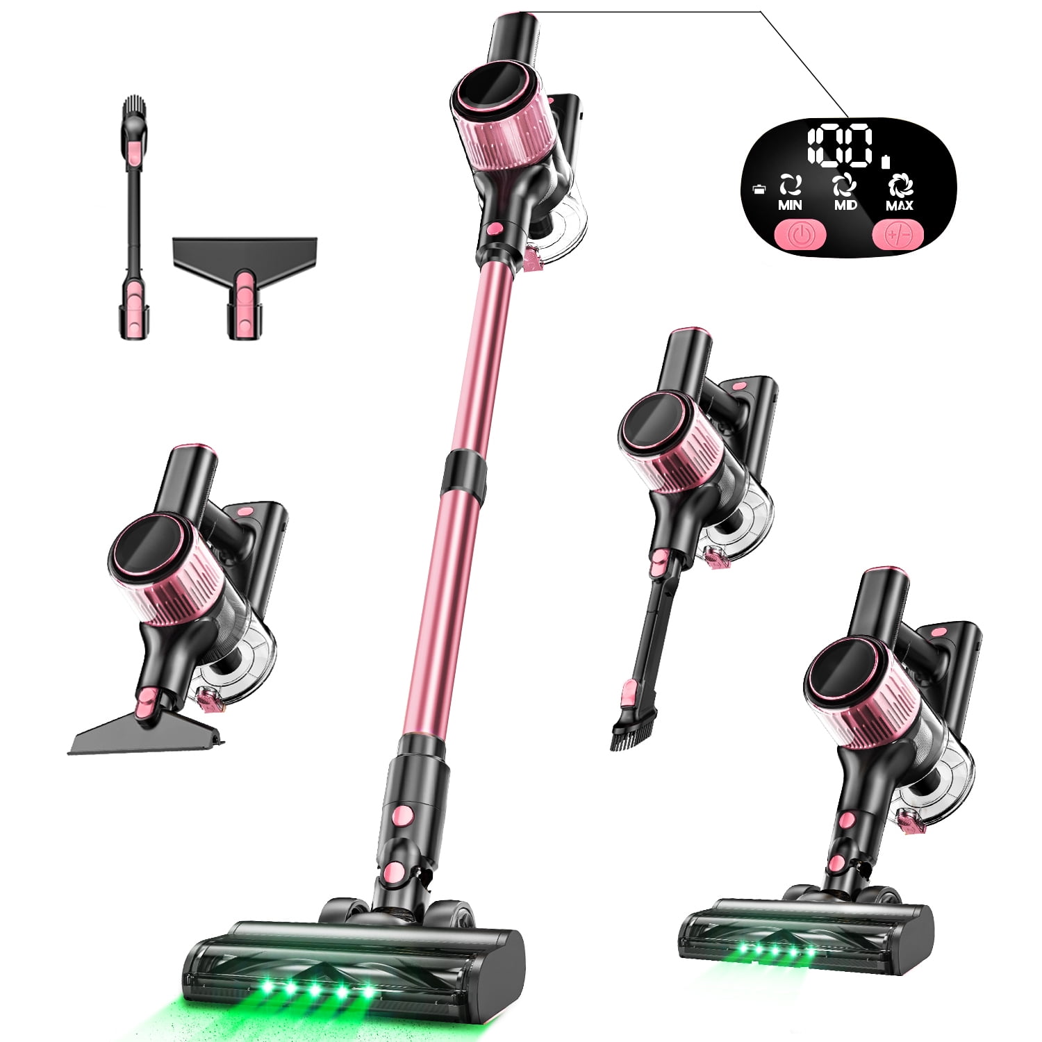 SUXIANGVAC Cordless Vacuum Cleaner, 33Kpa 8 in 1 Lightweight Stick Vacuum, Anti-Tangle Brush with Green Light, 40mins Runtime Rechargeable Vacuums for Hardwood Floor, Carpet, Pet Hair, Pink