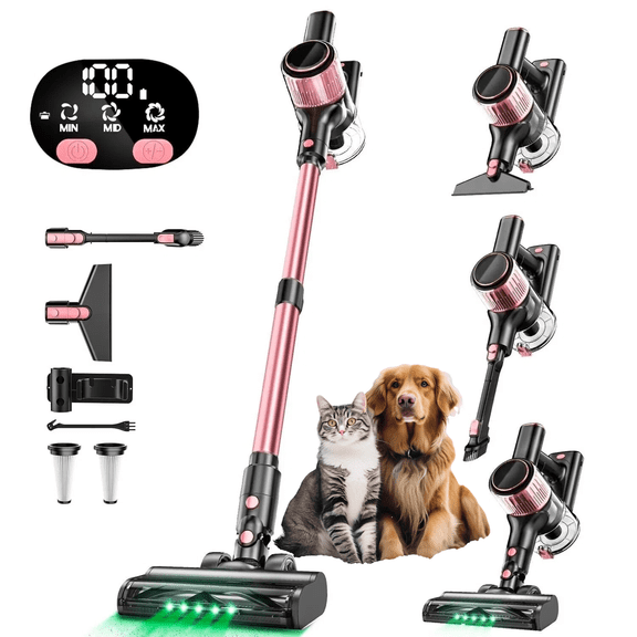 SUXIANGVAC Cordless Vacuum Cleaner, 33Kpa 8 in 1 Lightweight Stick Vacuum, Anti-Tangle Brush with Green Light, 40mins Runtime Rechargeable Vacuums for Hardwood Floor, Carpet, Pet Hair, Pink