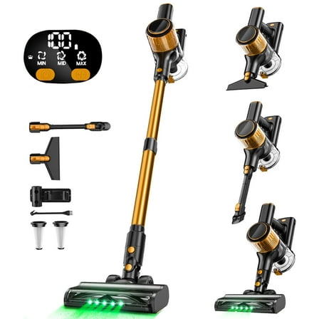 SUXIANGVAC Cordless Vacuum Cleaner, 30Kpa 8 in 1 Lightweight Stick Vacuum, Anti-Tangle Brush with Green Light, 40mins Runtime Rechargeable Vacuums for Hardwood Floor, Carpet, Pet Hair, Orange
