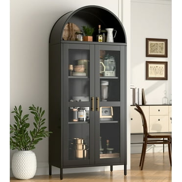 SUXXAN Metal Arched Storage Display Cabinet with Glass Doors and Adjustable Shelves, Assembly Required, Black