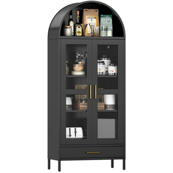 SUXXAN Metal Arched Storage Display Cabinet with One Drawer, Pantry, Curio Cabinet, Metal Bookcase