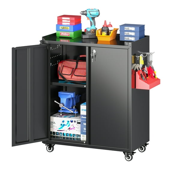 SUXXAN Metal Rolling Cabinet with 2 Doors, Adjustable Shelve, Storage Chest for Garage Utility Room, Black