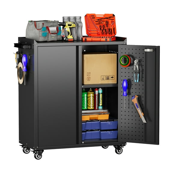 SUXXAN Metal Rolling Cabinet with 2 Doors, Adjustable Shelve, Storage Chest for Garage Utility Room, Black