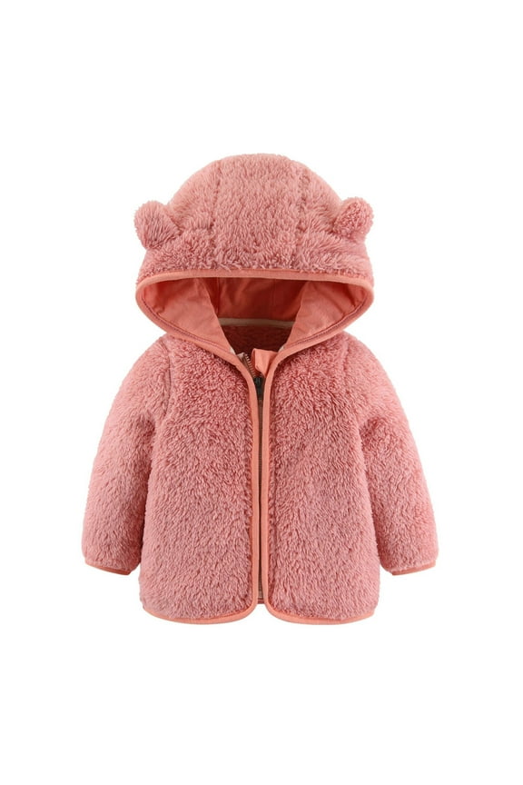 Adorable Bear Ears Hooded Jacket for Baby Girls and Boys Winter Warm Outerwear with Front Zipper - Pink