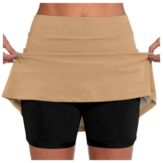 SUYIDA Athletic Skirts for Women Solid Color Slim Waist Trendy Summer Mini Skorts Skirts with Pockets Khaki,M