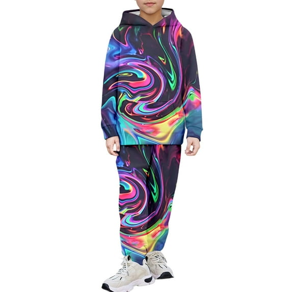 SUYIDA Boy's 2 Piece Outfits Colorful Graphic Print Long Sleeve Hoodie and Sweatpants Set Tracksuit ,#04-Purple,150