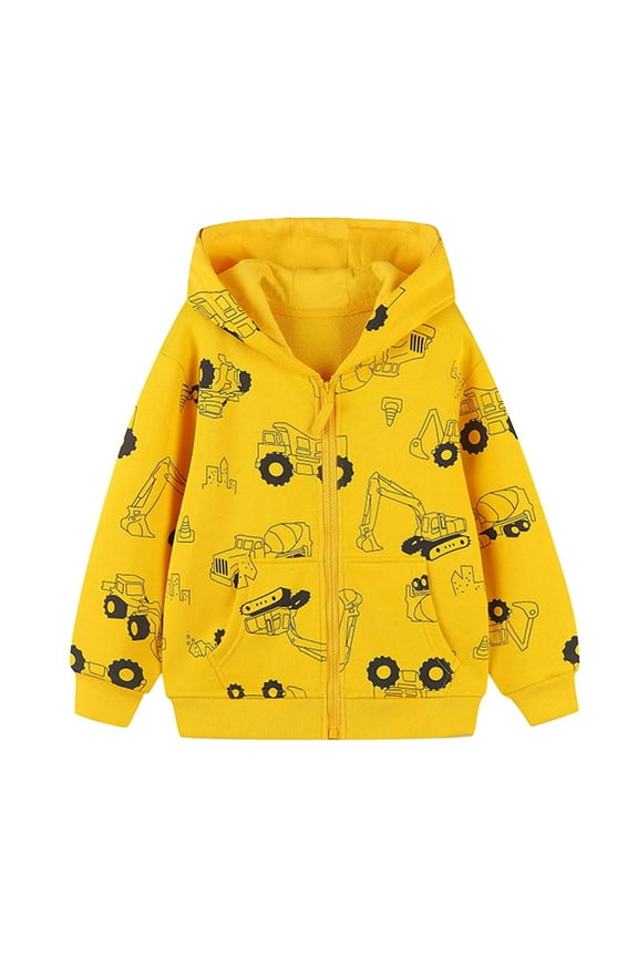 Boys Cartoon Cars Print Hooded Cardigan Jacket for Autumn Seasonal Kids Outerwear with Full Zipper Closure - Yellow
