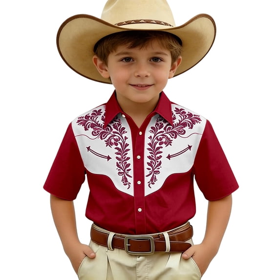 SUYIDA Boys Casual Denim Short Sleeve Shirt Western Style Printed Top With Button Front Closure Wine,7-8 Years