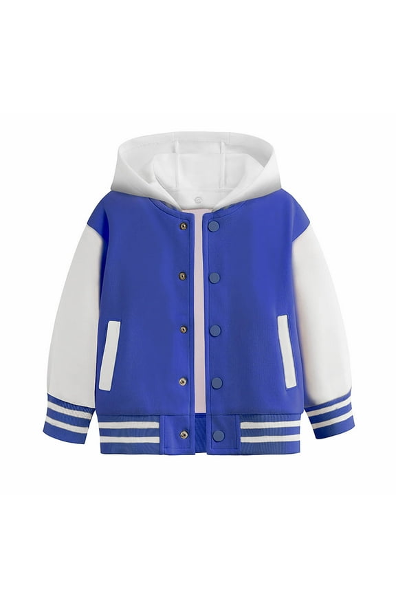 Boys Girls Color Block Baseball Hooded Jacket Long Sleeve Spring Autumn Outerwear Cozy Kids Top - Blue