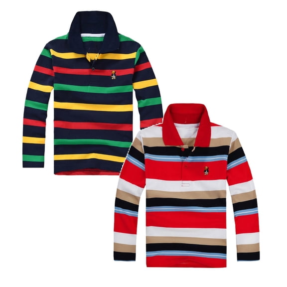 SUYIDA Boys Polo Shirts Stripe Long Sleeved T Shirt Comfortable Polo Shirt Casual Versatile Tshirt 2Packs,3-4 Years