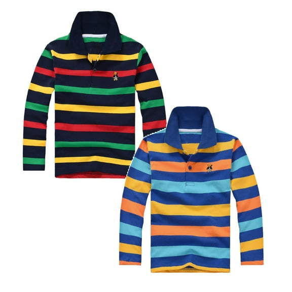 SUYIDA Boys Polo Shirts Stripe Long Sleeved T Shirt Comfortable Polo Shirt Casual Versatile Tshirt 2Packs,6-7 Years