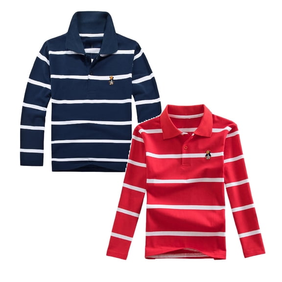 SUYIDA Boys Polo Shirts Stripe Long Sleeved T Shirt Comfortable Polo Shirt Casual Versatile Tshirt 2Packs,6-7 Years