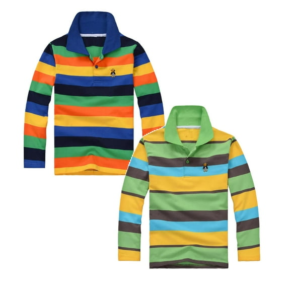 SUYIDA Boys Polo Shirts Stripe Long Sleeved T Shirt Comfortable Polo Shirt Casual Versatile Tshirt 2Packs,6-7 Years