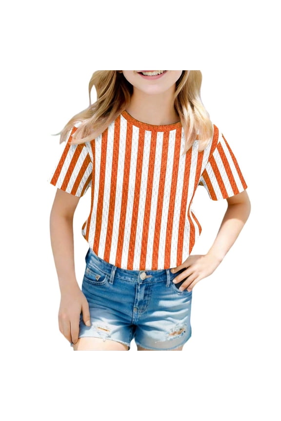 Boys Striped Short Sleeve Casual Tee Soft Crewneck Top Comfortable Playwear For Kids Party Outfit Orange,90
