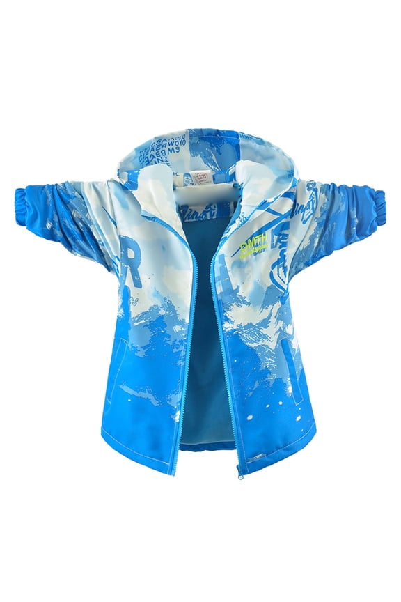 Boys Windbreaker Jacket With Hood Outdoor Printed Raincoat for Kids Youth Winter Warm Lined Coat - Blue