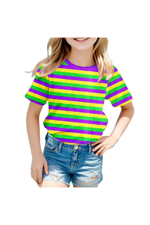 Carnival Striped Short Sleeve Graphic Tee For Boys Soft Casual Kids Top Purple,90