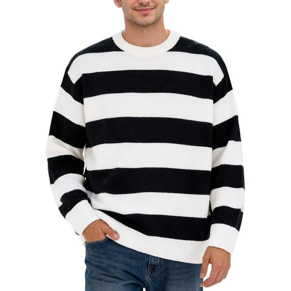 SUYIDA Christmas Sweater Men,Autumn And Winter Colour Block Striped Loose Fit Casual Crew Neck Long Sleeved Knit Sweater
