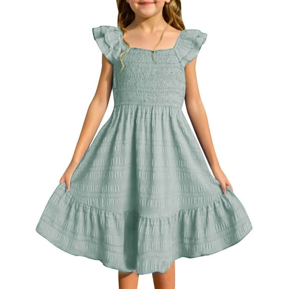 SUYIDA Dresses for Girls 7-8 Solid Color Layer Flutter Sleeve Crewneck Casual A Line Midi Dresses Birthday Party Playwear Dresses Green,170