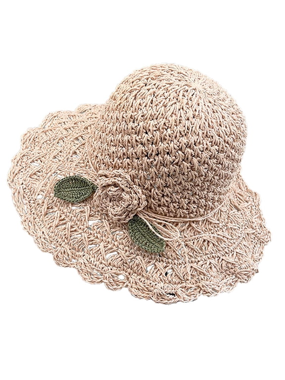 Elegant Straw Sun Hat for Women Summer Beach Hand Woven Ruffle Detail Wide Brim