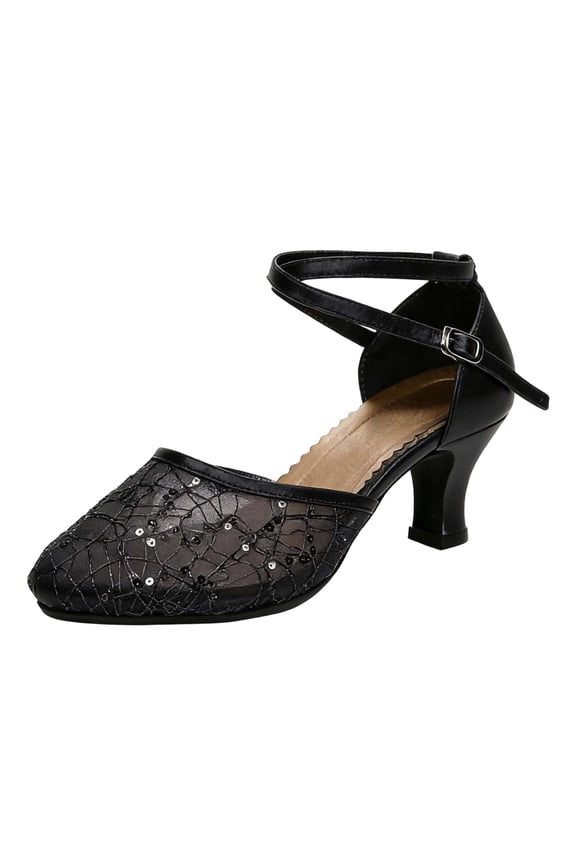 Elegant Women's Middle Heel Dance Shoes Featuring Lace Hollow Out Design And Sparkling Sequins For Latin Ballroom Performance With Flexible Sole