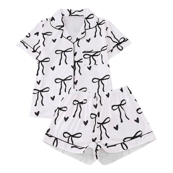 SUYIDA Floral Bow Print Pajama Set Short Sleeve Outfit Comfortable Sleepwear for Women