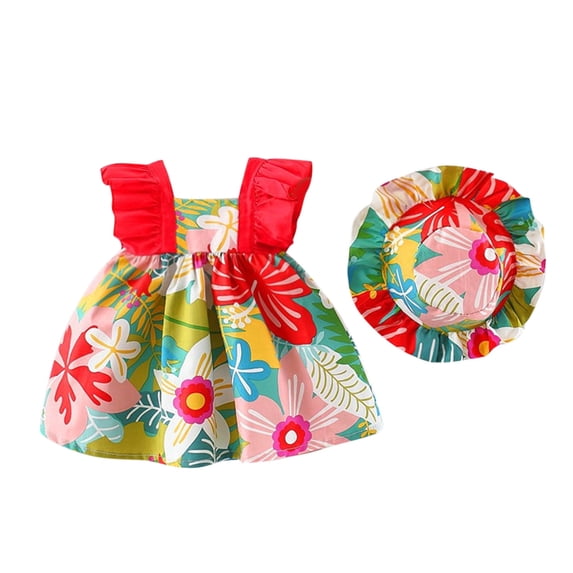 SUYIDA Floral Summer Baby Girl Dress Set with Ruffles and Matching Hat for Toddler Sleeveless Outfit