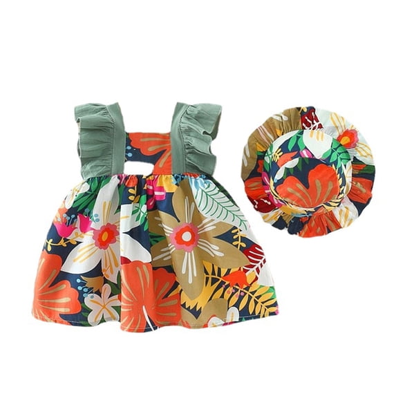 SUYIDA Floral Summer Baby Girl Dress Set with Ruffles and Matching Hat for Toddler Sleeveless Outfit