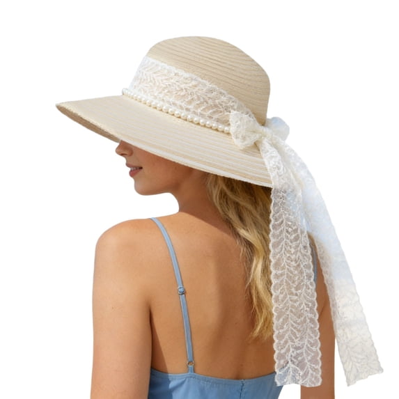 SUYIDA French Style Elegant Lace Bow Summer Sun Hat for Women Beach Outing Shading Fisherman Hat