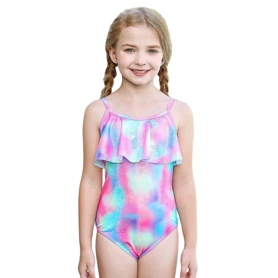 SUYIDA Girls Bathing Suits 1Pc Fishscale Print Swimsuits Summer Beach Ruffles Swimsuit Bikini Bathing Suit Swimwear Hot Pink,3-4 Years