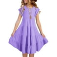 thumbnail image 1 of SUYIDA Girls Dresses Size 10-12 Solid Color Trendy Layer Flutter Sleeve Round Neck A Line Midi Dresses Birthday Party Playwear Dresses Purple,150, 1 of 5