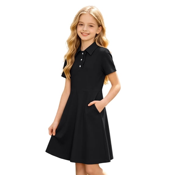 SUYIDA Girls Flutter Sleeve Solid Color Dress, Lace with Side Pockets, Lightweight Everyday Casual Swing Dress for Girls
