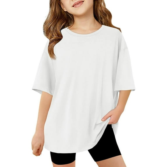 SUYIDA Girls Oversized T Shirts Size 8 Solid Color Comfortable Short Sleeve T-Shirt Round Neck Tee Shirt T-Shirts To Big Kid White,150