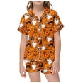 thumbnail image 1 of SUYIDA Girls Satin Pajama Set Halloween Pumpkin Ghost Print Shirts and Shorts Short Sleeve Button Down Sleepwear Soft 2 Piece Outfits, 1 of 5