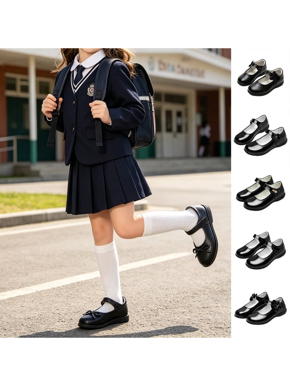 Girls School Shoes Black Lightweight Flat Ballet Cap Toe Dress Shoes Comfortable Everyday Wear for Elementary Kids School Shoes