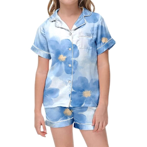 SUYIDA Girls Silk Pajamas Size 14-16 Button Down Short Sleeve Graphic Print Trendy Home Outfit 2 Piece Satin Pajama Outfits Light Blue,130