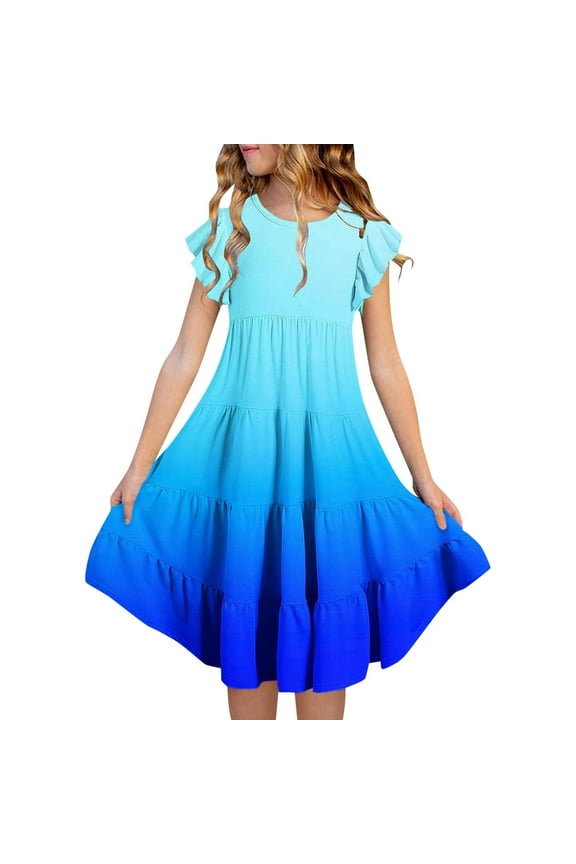 Girls Summer Dresses Double Layer Flutter Sleeve Flowy A-Line Sundress Casual Gradient Color Dresses Blue,150