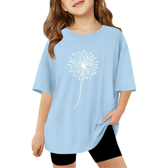 SUYIDA Girls T Shirts Oversized Crew Neck Short Sleeve T-Shirt Cute Print Casual Basic Shirts Kids Summer Clothing Sky Blue,160