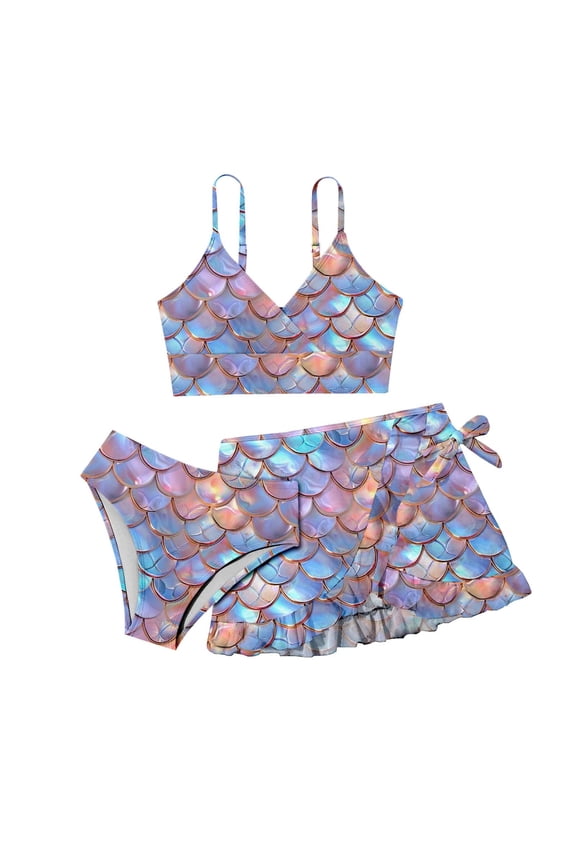 Girls Tankini Swimsuits 7-8 Ruffle Bikini Set Adjustable Straps Girls Swimwear Tankini 3 Pieces Allover Printed Ruffle Bathing Suit