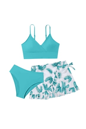 Girls Tankini Swimsuits 8-10 Ribbed Princess Bikini Set Tie-Straps Tankini for Girls 3pcs Allover Printed Bathing Suit