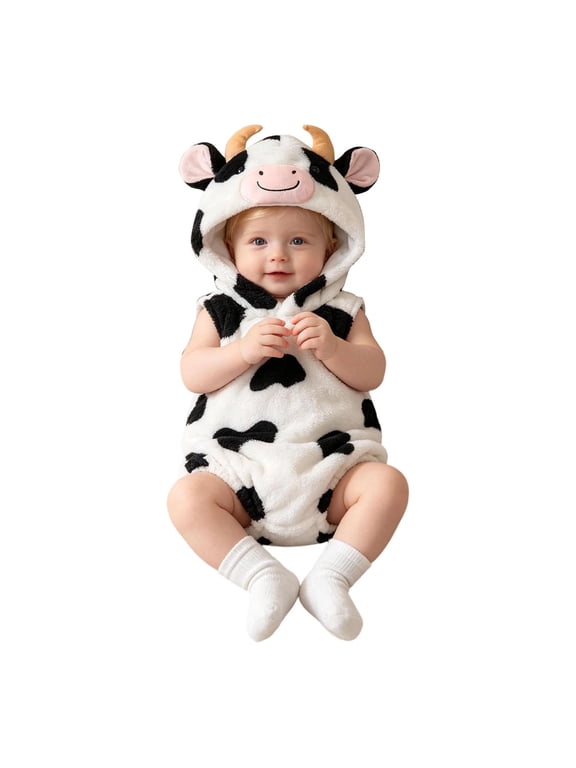 Boys Girls Sleeveless Romper Dairy Cow Soft Hooded Bodysuit Funny Playwear Bodysuit