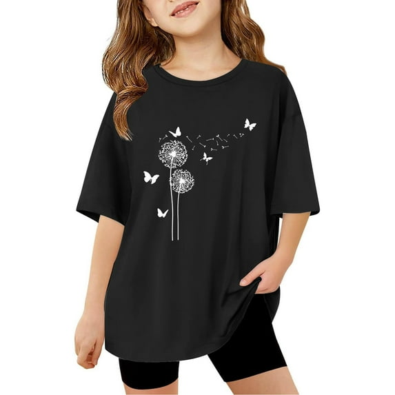 SUYIDA Kids Shirts Girls Cute Print Loose Short Sleeve T-Shirt Round Neck Summer Tops T-Shirt Boys & Girls Shirts Black,120