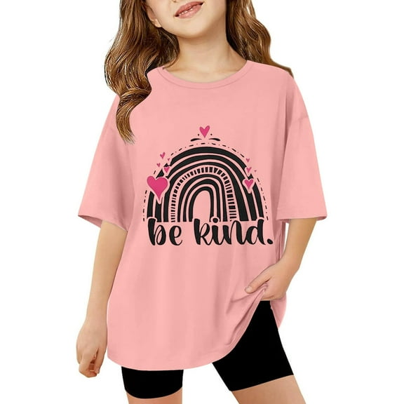 SUYIDA Kids Shirts Girls Size 10-12 Crew Neck Short Sleeve T Shirts Cute Print Fashion Basic Tees Summer Clothes for Girls Pink,160