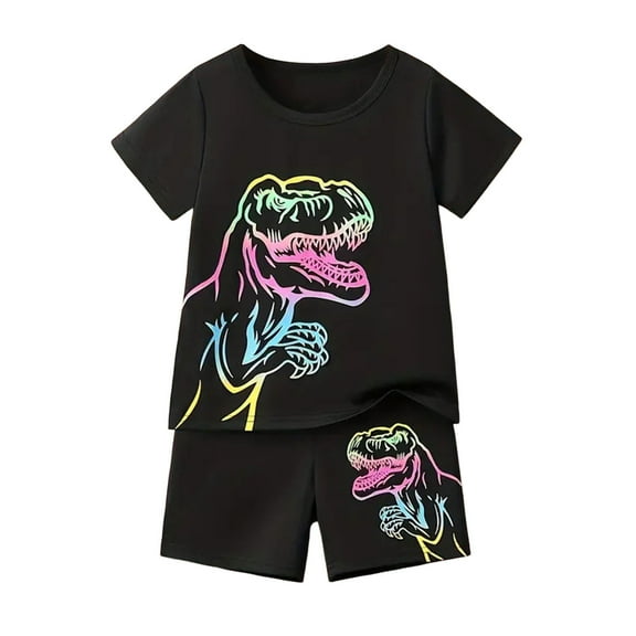 SUYIDA Little Boys Clothes Dinosaur Print Short Sleeved T Shirt Set Casual Loose Round Neck Two Piece Set for Children Black,9-10Y