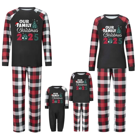 SUYIDA Matching Family Outfits Reindeer Graphic Plaid Tee Shirts Pants Sets Long Sleeve