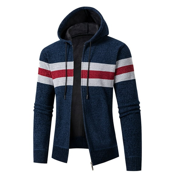 SUYIDA Men's Fall Winter Sweater,Autumn And Winter Casual Style Colour Blocked Hooded Long Sleeved Knitted Cardigan